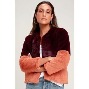 Pink and Burgundy Color Block Faux Fur Coat
